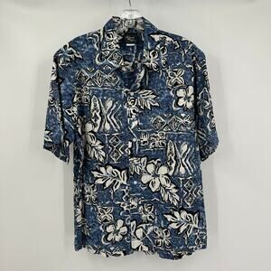 Island‎ Magic Mens Shirt M Blue White Floral Aloha Hawaiian Resort USA Made